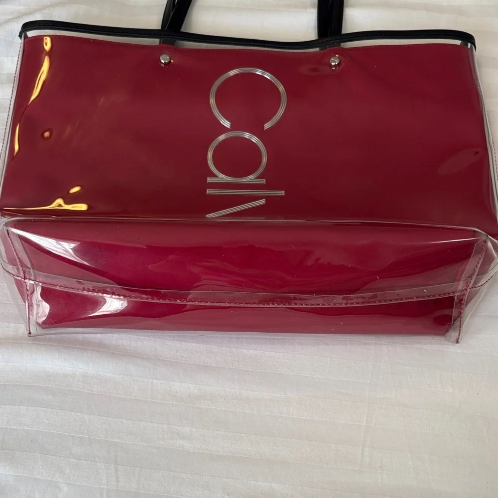 Calvin Klein Red Clear PVC Tote with Black Handles